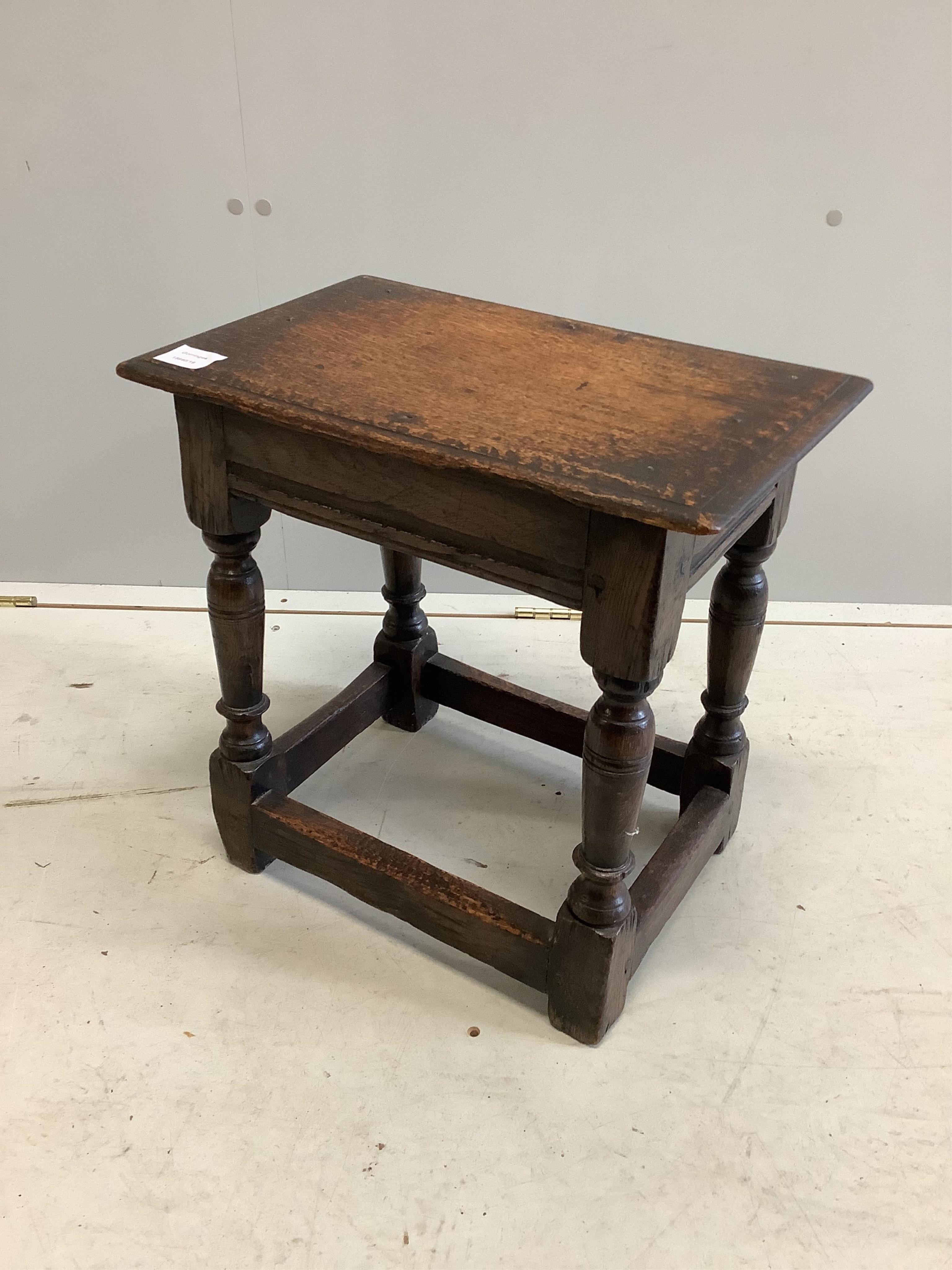 A 17th century style oak joint stool, width 46cm. Condition - fair